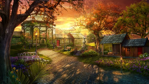 Anime picture 1366x768 with original lan wu wide image sky evening sunset no people landscape nature flower (flowers) plant (plants) tree (trees) building (buildings) lantern stairs bench lamppost statue