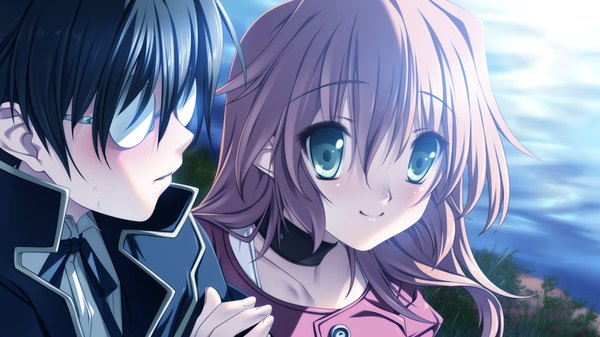 Anime picture 1280x720 with hyakka ryouran elixir senomoto hisashi long hair short hair black hair smile brown hair wide image green eyes game cg couple girl boy glasses