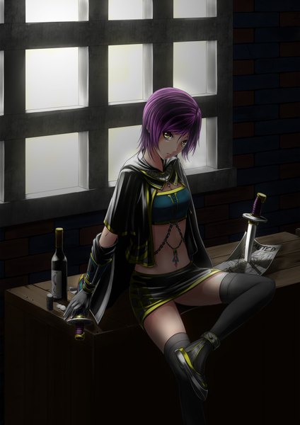 Anime picture 1270x1796 with original kuu (pixiv4200424) single tall image looking at viewer fringe short hair purple eyes yellow eyes girl thighhighs gloves navel weapon miniskirt boots jewelry cloak bottle knife