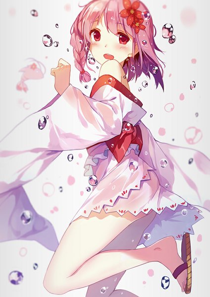 Anime picture 700x990 with sergestid shrimp in tungkang xuan ying caidychen single tall image looking at viewer blush short hair light erotic simple background red eyes white background pink hair bent knee (knees) braid (braids) hair flower turning head single braid wet clothes girl
