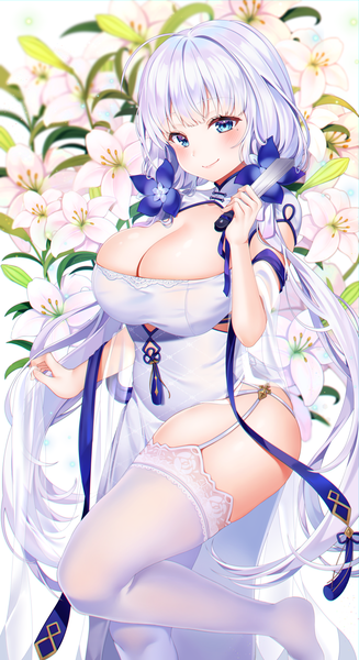 Anime picture 1000x1833 with azur lane illustrious (azur lane) illustrious (maiden lily's radiance) (azur lane) reel (riru) single tall image looking at viewer blush fringe breasts blue eyes light erotic smile large breasts standing twintails holding cleavage silver hair ahoge