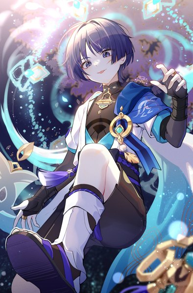 Anime picture 1500x2284 with genshin impact scaramouche (genshin impact) wanderer (genshin impact) gou lianlian dogface single tall image fringe short hair purple eyes purple hair from below looking down boy tongue tassel bridal gauntlets scratch