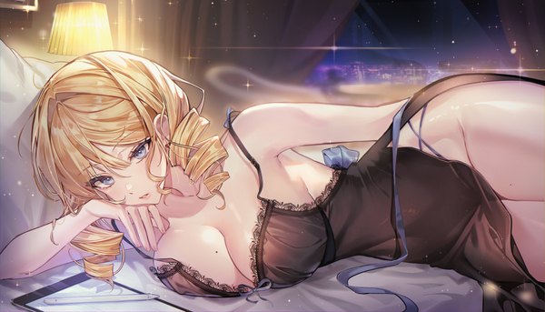 Anime-Bild 2500x1429 mit original s2mias2 single long hair looking at viewer blush fringe highres breasts blue eyes light erotic blonde hair hair between eyes wide image large breasts twintails indoors night mole sparkle