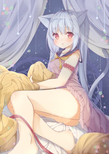 Anime picture 1032x1457 with original shirosei mochi single long hair tall image looking at viewer blush fringe breasts open mouth light erotic hair between eyes red eyes sitting twintails animal ears bent knee (knees) tail animal tail barefoot