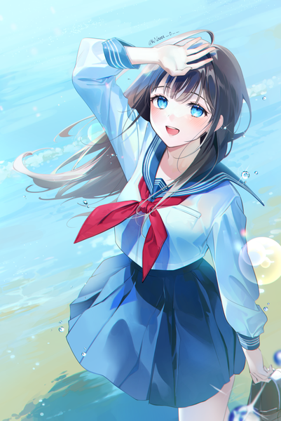 Anime picture 2208x3300 with original naru single long hair tall image blush fringe highres open mouth blue eyes black hair smile standing holding signed ahoge outdoors blunt bangs long sleeves :d