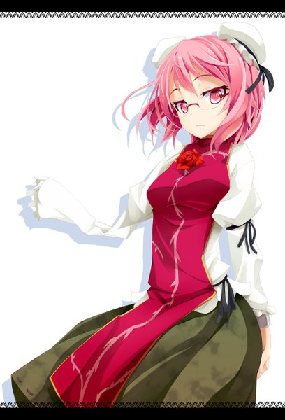 Anime picture 863x1269 with touhou ibaraki kasen ogami kazuki single tall image looking at viewer short hair simple background white background pink hair pink eyes hair bun (hair buns) chinese clothes bespectacled girl glasses bun cover