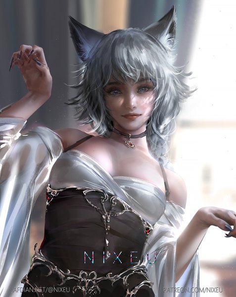Anime picture 1033x1300 with original nixeu single long hair tall image looking at viewer fringe blue eyes standing bare shoulders signed animal ears fingernails lips grey hair blurry cat ears realistic wide sleeves arms up