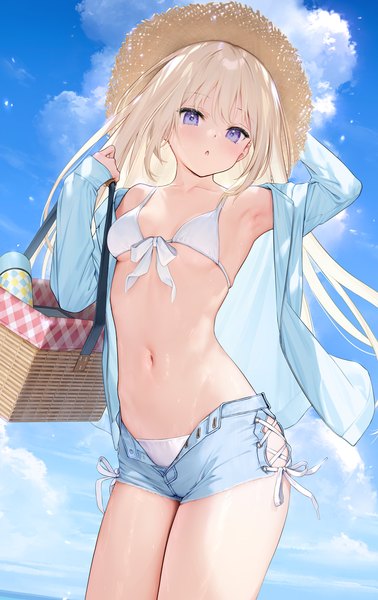Anime picture 866x1376 with original mignon single long hair tall image looking at viewer blush fringe breasts open mouth light erotic blonde hair standing purple eyes holding sky cloud (clouds) outdoors off shoulder open clothes