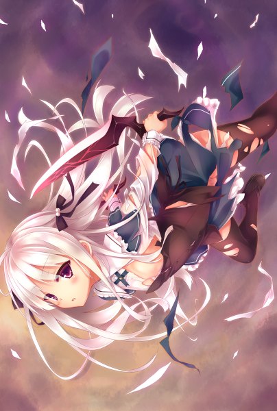 Anime picture 808x1200 with absolute duo 8bit yurie sigtuna ryo (botugo) single long hair tall image blush light erotic red eyes white hair two side up torn clothes girl thighhighs weapon sword torn thighhighs