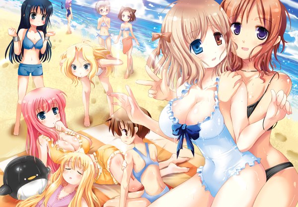 Anime picture 1336x932 with saki haramura nodoka miyanaga saki takei hisa amae koromo kunihiro hajime fukuji mihoko etopen ikeda kana ryuumonbuchi touka kajiki yumi yoshitome miharu piaroo (artist) blue eyes light erotic black hair blonde hair brown hair purple eyes multiple girls