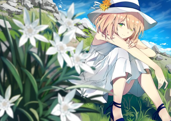 Anime picture 1800x1275 with original sutorora single looking at viewer blush fringe highres short hair blonde hair smile sitting bare shoulders green eyes sky outdoors blurry hair over one eye holding arm girl dress