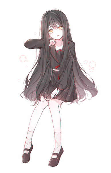 Anime picture 750x1162 with original mattang single long hair tall image looking at viewer fringe black hair simple background hair between eyes white background sitting yellow eyes full body long sleeves parted lips head tilt pleated skirt girl skirt