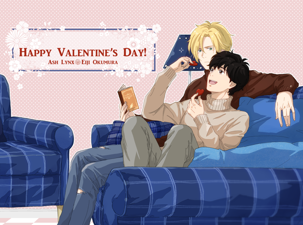 Anime picture 1118x832 with banana fish mappa ash lynx okumura eiji sawa nya blush fringe short hair open mouth black hair simple background blonde hair smile hair between eyes sitting holding brown eyes green eyes bent knee (knees) multiple boys