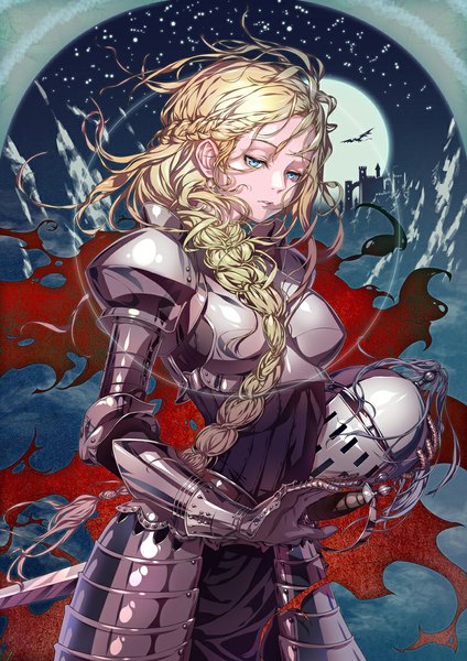 Anime picture 802x1134 with original l.green single long hair tall image looking at viewer blue eyes blonde hair holding braid (braids) single braid messy hair knight girl weapon sword armor moon full moon dragon
