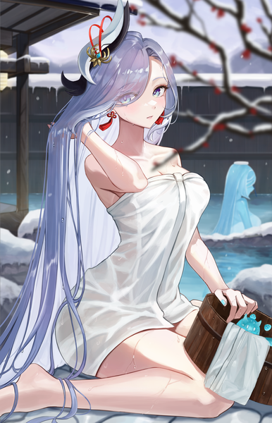 Anime picture 4600x7153 with genshin impact shenhe (genshin impact) slime (genshin impact) shupami single tall image looking at viewer highres blue eyes light erotic sitting absurdres silver hair outdoors very long hair nail polish adjusting hair wariza winter snow
