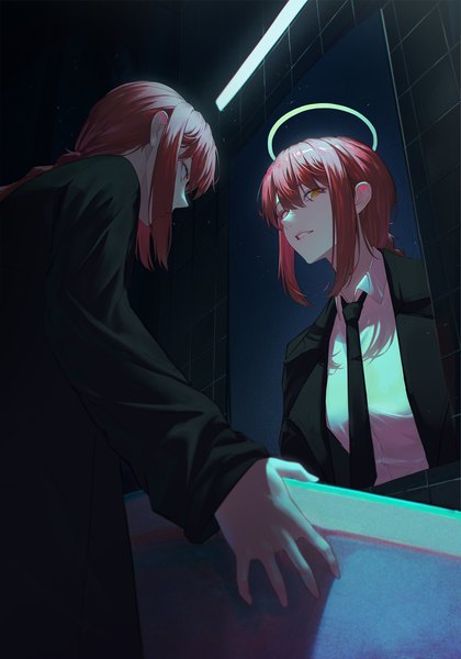Anime picture 1735x2478 with chainsaw man mappa makima (chainsaw man) nunsori single long hair tall image fringe highres hair between eyes yellow eyes payot red hair braid (braids) profile single braid reflection different reflection girl shirt