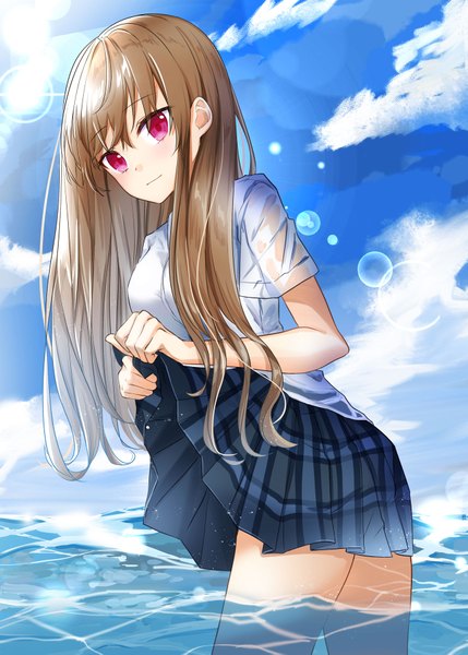 Anime picture 1296x1813 with original amaimomo single long hair tall image looking at viewer blush fringe breasts hair between eyes brown hair holding payot sky cloud (clouds) head tilt pleated skirt pink eyes light smile sunlight