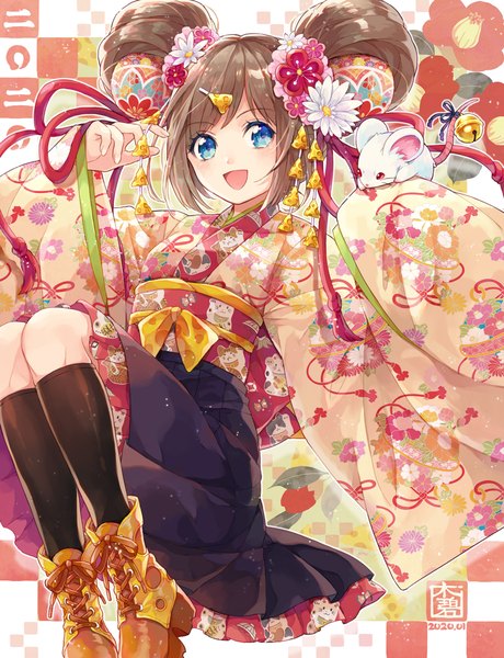 Anime picture 863x1125 with original hana (mew) single tall image looking at viewer open mouth blue eyes brown hair traditional clothes :d japanese clothes hair bun (hair buns) dated new year animal print 2020 girl hair ornament animal socks