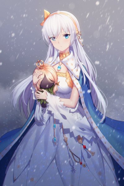 Anime picture 1678x2516 with fate (series) fate/grand order anastasia (fate) viy (fate) cha (pixiv12794171) single long hair tall image looking at viewer fringe blue eyes holding silver hair hair over one eye snowing girl dress white dress headband mantle