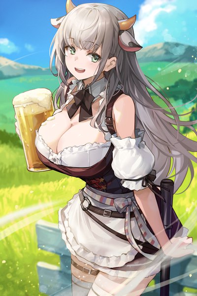 Anime picture 1167x1750 with virtual youtuber hololive shirogane noel shirogane noel (4th costume) goomrrat single long hair tall image looking at viewer fringe breasts light erotic large breasts standing bare shoulders holding green eyes animal ears payot sky