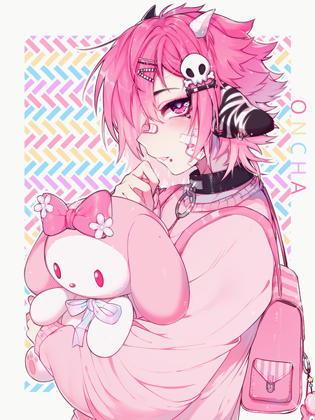 Anime picture 900x1200 with original sanrio mazamuno single tall image looking at viewer blush fringe short hair simple background pink hair upper body profile pink eyes hair over one eye mole border mole under mouth outside border bandaid on nose