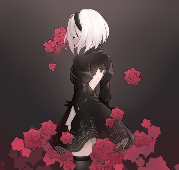 Anime picture 2480x2362 with nier nier:automata yorha no. 2 type b incompetent observer single highres short hair simple background standing white hair long sleeves profile from behind zettai ryouiki puffy sleeves black background blindfold girl thighhighs dress