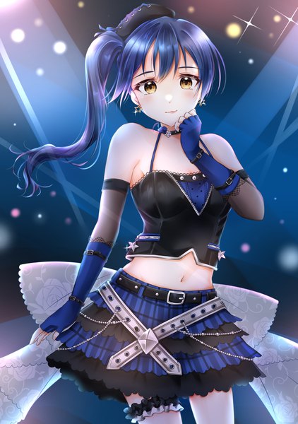 Anime picture 2550x3624 with love live! school idol project sunrise (studio) love live! sonoda umi rin5325 single long hair tall image looking at viewer blush fringe highres breasts hair between eyes standing bare shoulders yellow eyes blue hair sparkle midriff