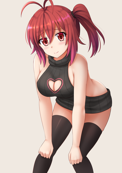 Anime picture 1200x1697 with original kazenokaze single tall image looking at viewer blush fringe short hair breasts light erotic simple background smile hair between eyes red eyes bare shoulders payot cleavage ahoge bent knee (knees) red hair