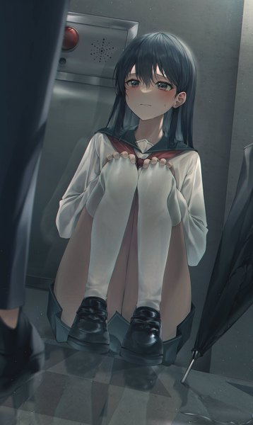 Anime picture 2443x4096 with original solcha long hair tall image blush fringe highres light erotic black hair hair between eyes sitting brown eyes looking away full body bent knee (knees) indoors pleated skirt tears reflection solo focus