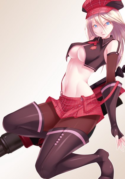 Anime picture 1039x1476 with god eater god eater burst ufotable alisa ilinichina amiella shokuyou mogura single long hair tall image looking at viewer breasts blue eyes light erotic blonde hair bare shoulders bare belly underboob girl skirt gloves navel