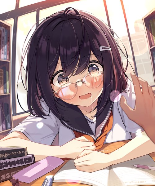Anime picture 1600x1920 with original saboten mushi tall image looking at viewer blush fringe short hair open mouth black hair upper body ahoge indoors black eyes solo focus saliva pov saliva trail waking up girl uniform