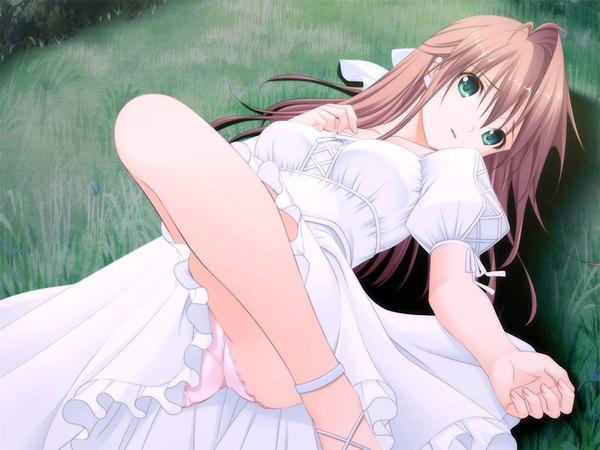 Anime picture 1024x768 with fluorite memories single long hair looking at viewer open mouth light erotic brown hair green eyes game cg lying on back girl underwear panties sundress