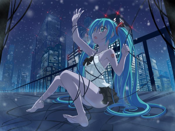 Anime picture 1250x938 with vocaloid hatsune miku beek (artist) single long hair blush fringe highres open mouth sitting twintails holding sky very long hair nail polish barefoot arm up aqua eyes fingernails aqua hair