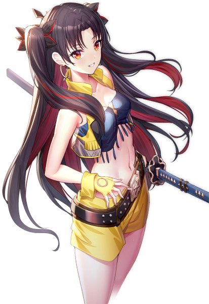 Anime picture 827x1200 with fate (series) fate/grand order ishtar (fate) space ishtar (fate) ririko (zhuoyandesailaer) single long hair tall image looking at viewer blush fringe breasts black hair simple background smile red eyes standing white background bare shoulders multicolored hair