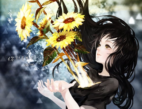 Anime picture 1315x1009 with original say hana single long hair fringe brown hair brown eyes looking away light smile wind short sleeves torn clothes looking up spread arms girl flower (flowers) t-shirt sunflower