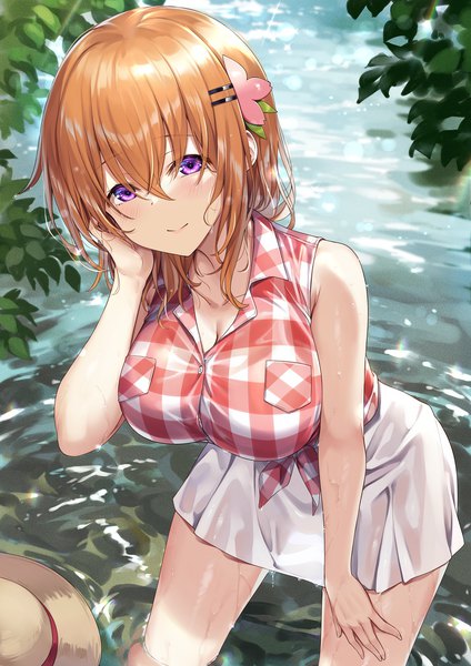Anime picture 992x1403 with gochuumon wa usagi desu ka? white fox hoto cocoa ks single long hair tall image looking at viewer blush fringe breasts hair between eyes large breasts standing purple eyes cleavage outdoors orange hair wet leaning