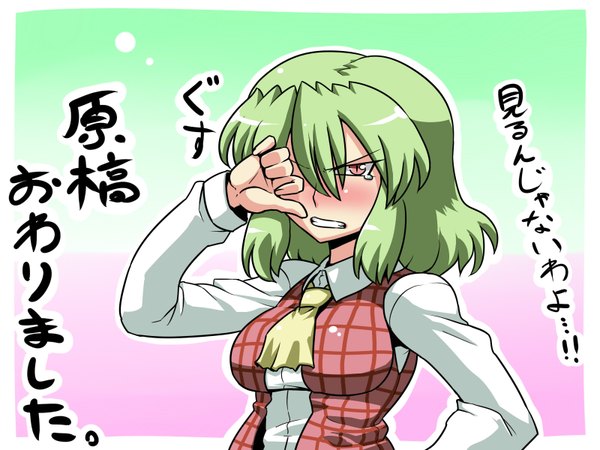 Anime picture 1600x1200 with touhou kazami yuuka tsuki wani blush highres short hair red eyes green hair tears girl