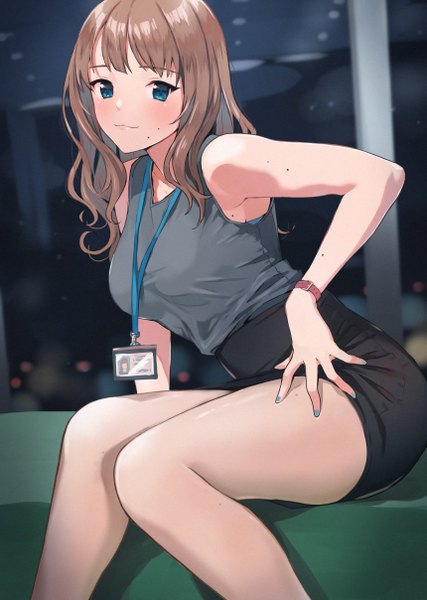 Anime picture 859x1208 with original doushimasho single long hair tall image looking at viewer blush fringe breasts light erotic smile brown hair sitting bare shoulders bent knee (knees) nail polish mole depth of field sleeveless mole under mouth