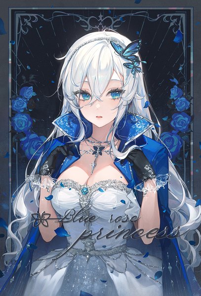 Anime picture 1000x1473 with original ttosom single long hair tall image fringe breasts open mouth blue eyes hair between eyes standing looking away cleavage white hair mole arms up text english clothes on shoulders mole on breast