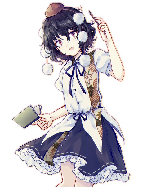 Anime picture 800x1040 with touhou shameimaru aya uranaishi (miraura) single tall image looking at viewer fringe short hair open mouth black hair simple background hair between eyes red eyes white background head tilt :d frilly skirt girl frills book (books)