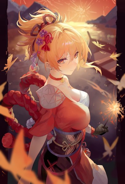 Anime picture 3600x5300 with genshin impact yoimiya (genshin impact) xiuxiu single tall image looking at viewer blush fringe highres short hair breasts light erotic blonde hair hair between eyes large breasts standing bare shoulders holding yellow eyes absurdres