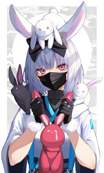 Anime picture 1503x2500 with original takehana note single tall image looking at viewer fringe short hair holding animal ears silver hair upper body blunt bangs pink eyes wide sleeves bunny ears border bunny girl new year outside border anaglyph