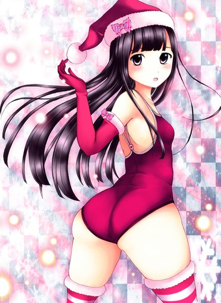 Anime picture 800x1094 with original neuron (exceed) single long hair tall image blush open mouth light erotic black hair black eyes girl thighhighs gloves swimsuit elbow gloves striped thighhighs santa claus hat