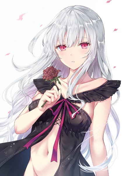 Anime-Bild 627x885 mit original tetsu tissue single long hair tall image blush fringe breasts light erotic simple background hair between eyes red eyes white background holding payot upper body parted lips grey hair floating hair girl