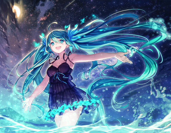 Anime picture 1134x886 with vocaloid hatsune miku pen (steelleets) single blush open mouth twintails very long hair aqua eyes aqua hair night spread arms girl dress hair ornament water moon star (stars)