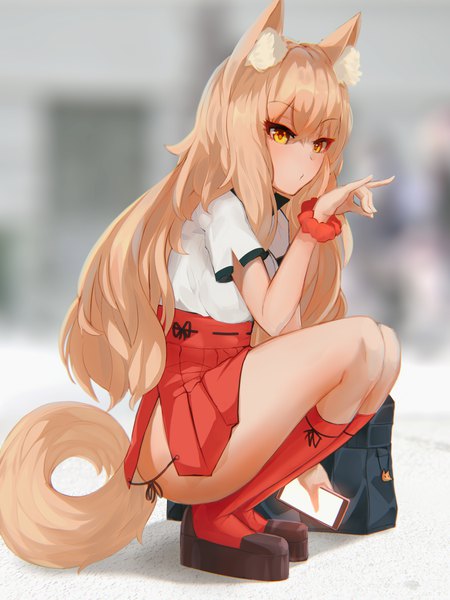 Anime picture 1898x2533 with fate (series) fate/extra ccc fox tail suzuka gozen (fate) ehrrr single long hair tall image blush fringe highres light erotic blonde hair hair between eyes animal ears yellow eyes full body tail animal tail blurry :o