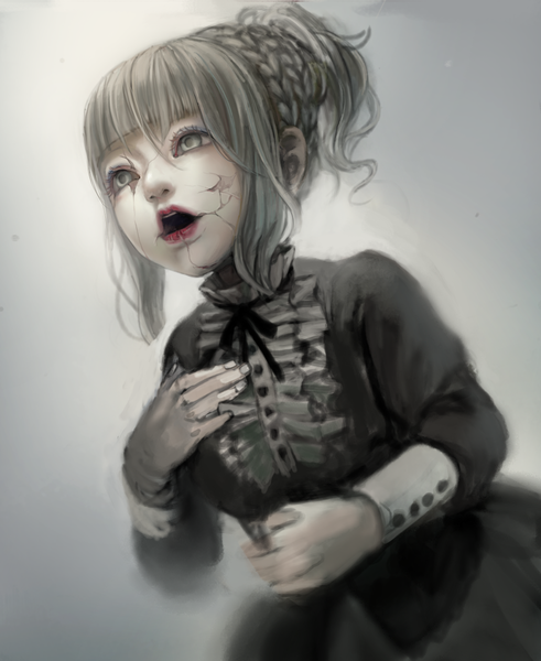 Anime picture 1050x1284 with original mecchori single long hair tall image open mouth simple background grey hair grey eyes destruction gothic girl dress hair ornament doll (dolls)