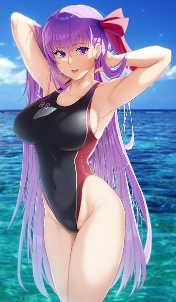Anime picture 945x1616 with fate (series) fate/grand order fate/extra fate/extra ccc bb (fate) (all) bb (fate/extra) solar (happymonk) single long hair tall image looking at viewer blush fringe breasts open mouth light erotic smile hair between eyes large breasts standing