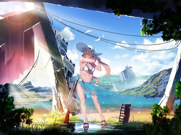 Anime picture 2000x1500 with girls frontline m1903 springfield (girls frontline) ihobus single long hair fringe highres breasts light erotic blonde hair large breasts standing twintails sky cleavage cloud (clouds) full body outdoors eyes closed nail polish