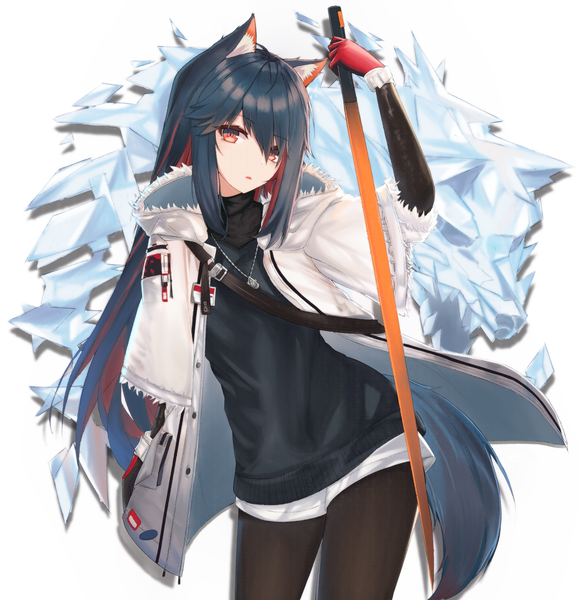 Anime picture 2273x2353 with arknights texas (arknights) texas (winter messenger) (arknights) lancer (worudrleh1) single long hair tall image fringe highres black hair hair between eyes red eyes animal ears tail animal tail multicolored hair open jacket two-tone hair official alternate costume colored inner hair